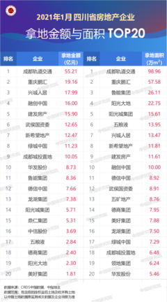2021年1月川蓉房地產(chǎn)企業(yè)銷(xiāo)售拿地排行榜